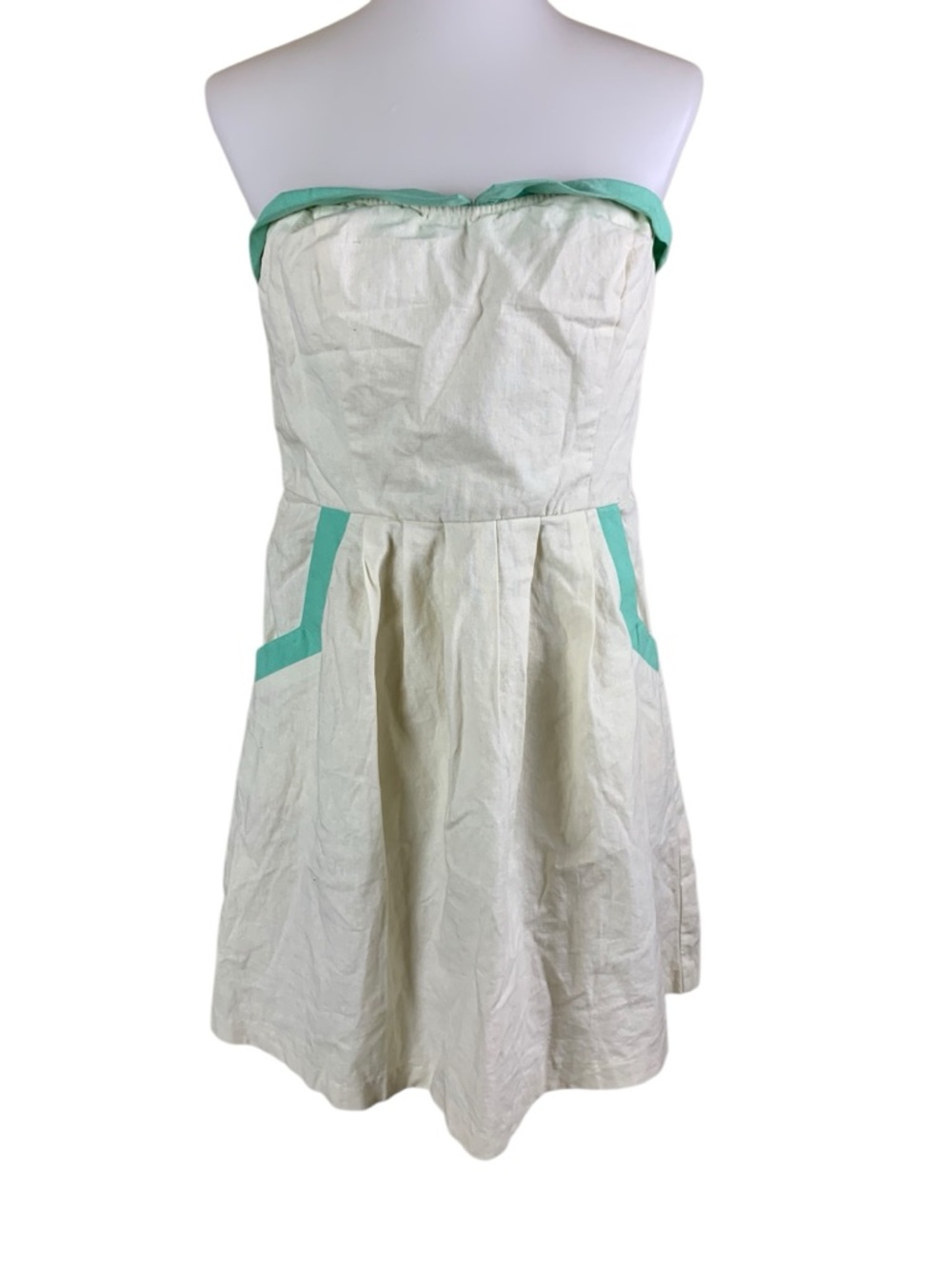 Cope Strapless Dress Cream Mint Trim Fit Flare Smocked Back Size 10
